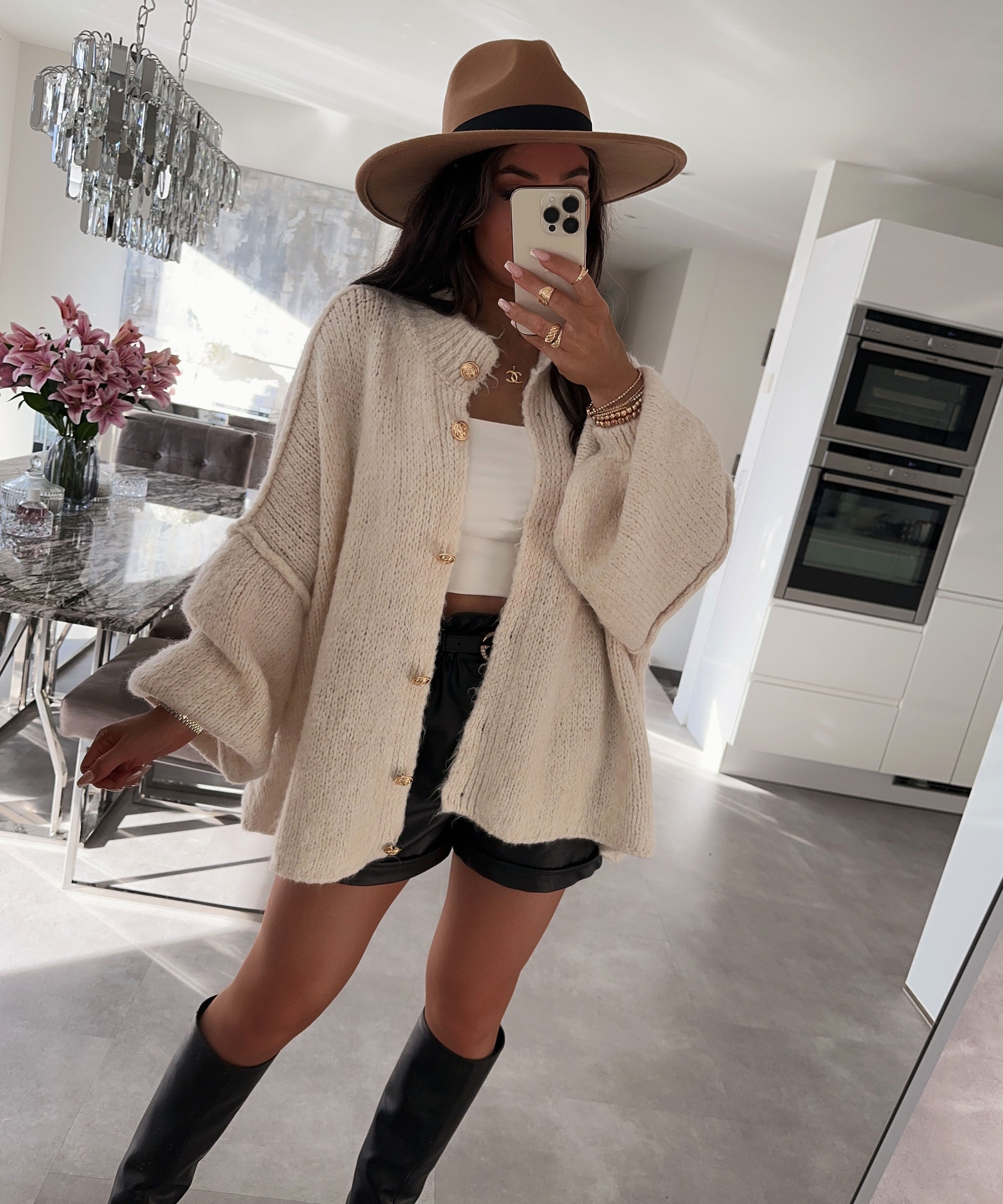 Women’s Oversized Beige Cardigan with Wrist Detail