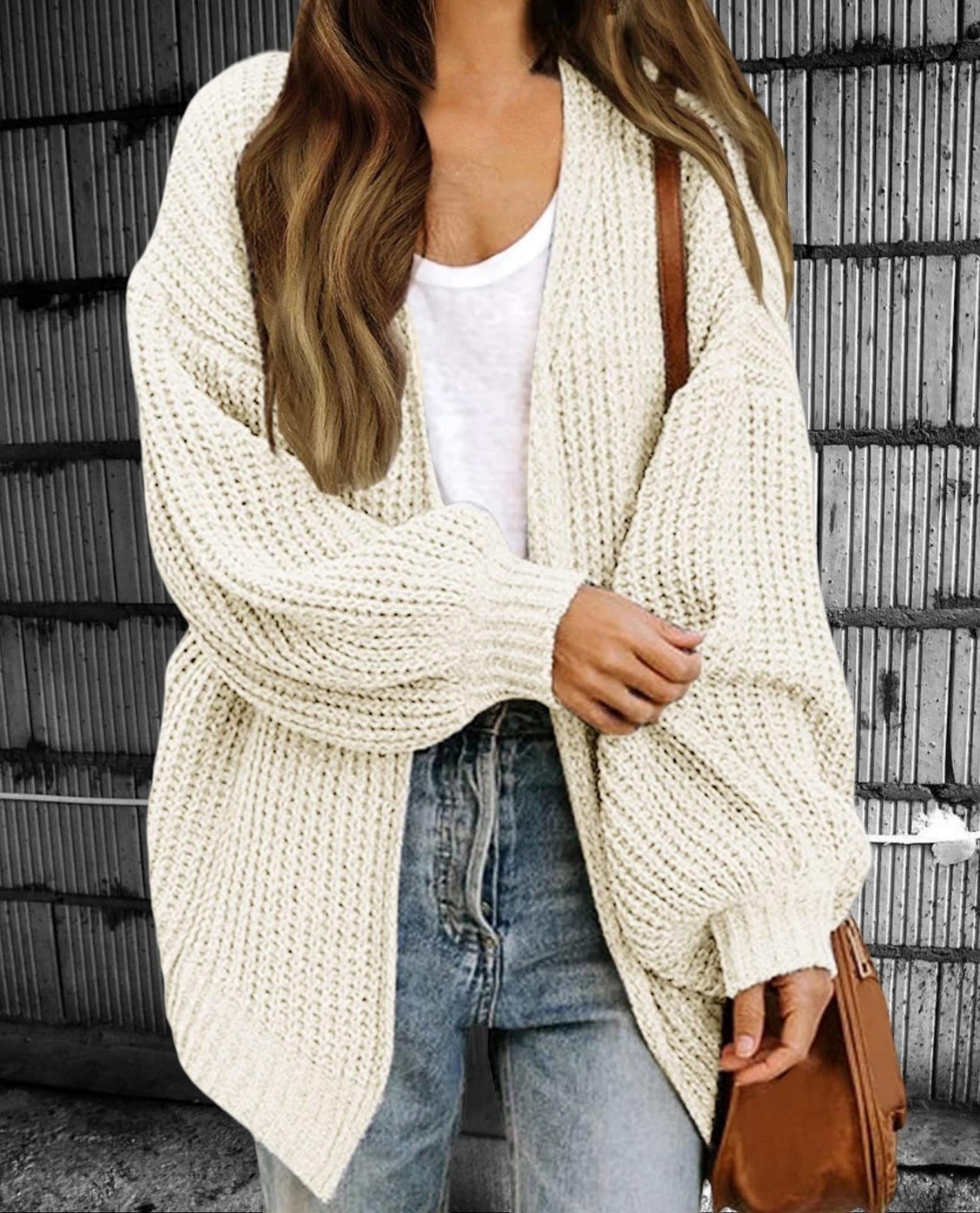 Women’s Oversized Chunky Knit Cardigan With Open Front And Lantern Sleeves