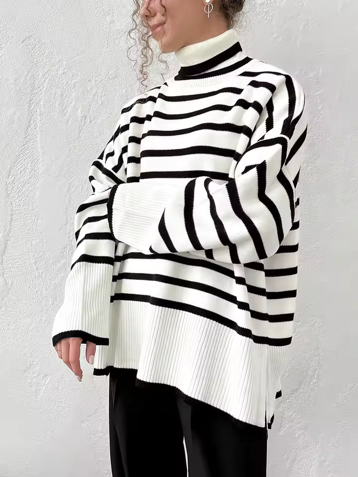 Women’s Oversized Knit Turtleneck Jumper With Horizontal Stripes