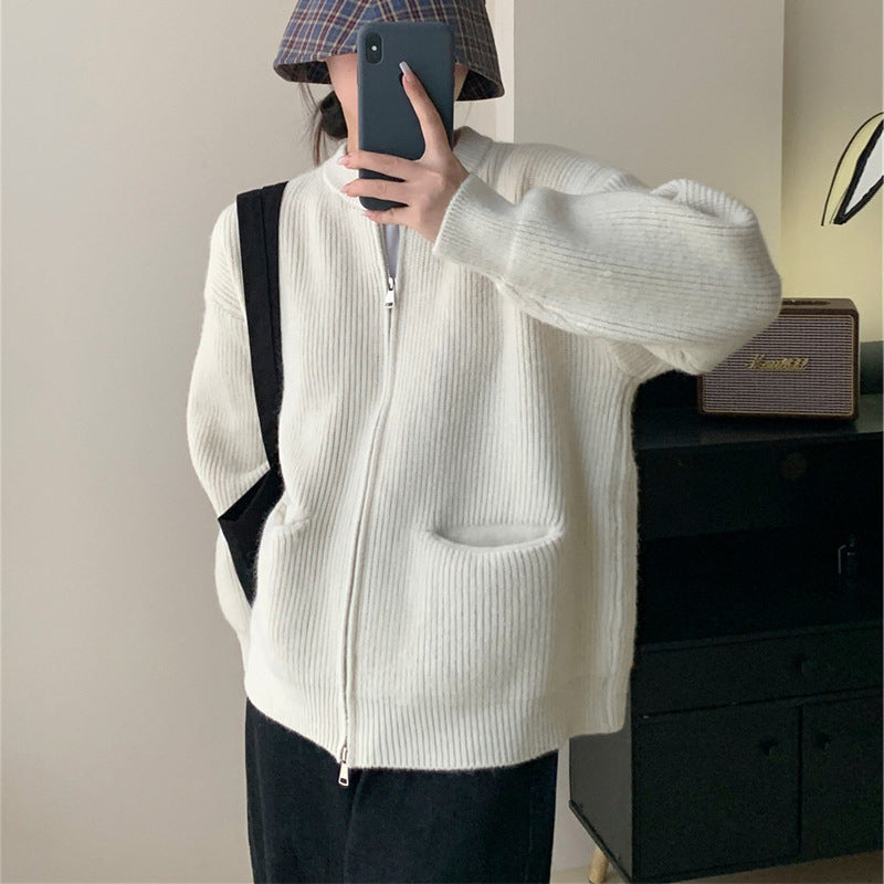 Women’s Oversized Ribbed Knit Cardigan with Dual Zipper and Crew Neck