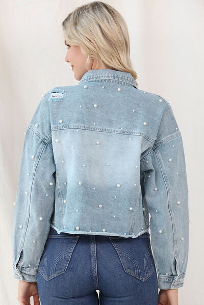 Women’s Pearl-Trim Denim Jacket with Raw Hem