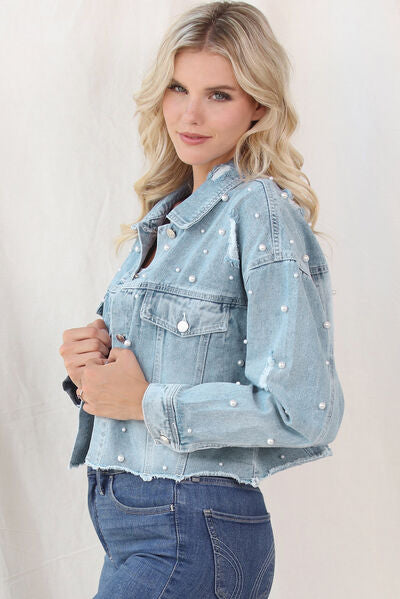 Women’s Pearl-Trim Denim Jacket with Raw Hem