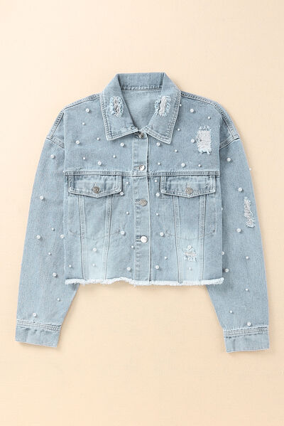 Women’s Pearl-Trim Denim Jacket with Raw Hem