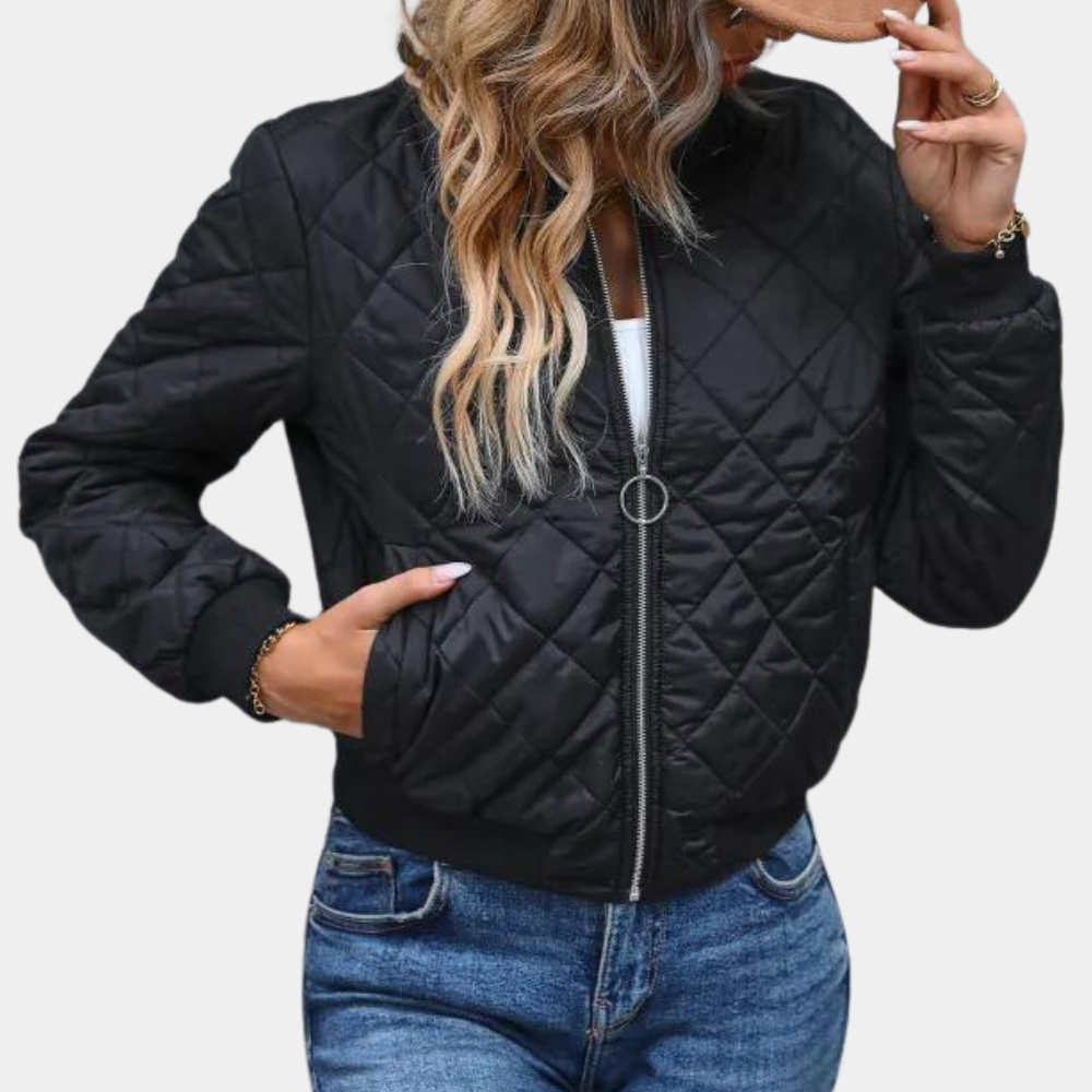 Women's Quilted Bomber Jacket with Zip Front and Ribbed Edges
