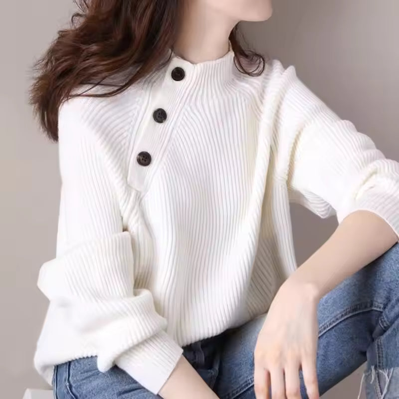 Women’s Rib-Knit Pullover Jumper With Button Detail