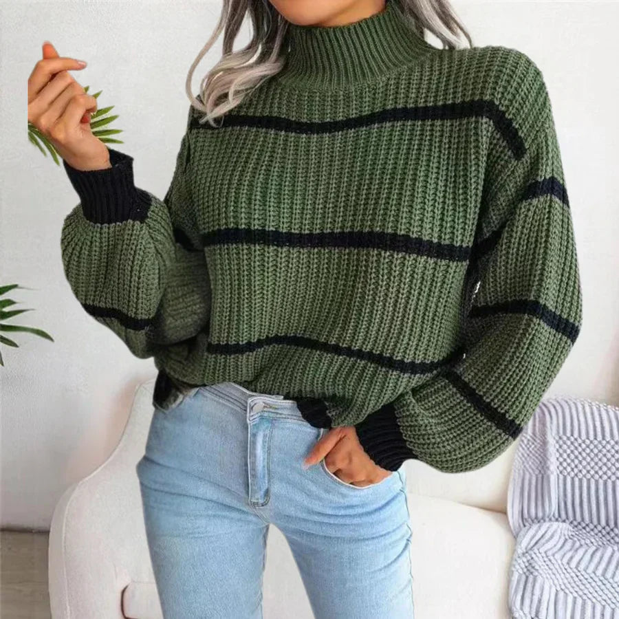 Women’s Striped Jumper with High Neck and Long Sleeves