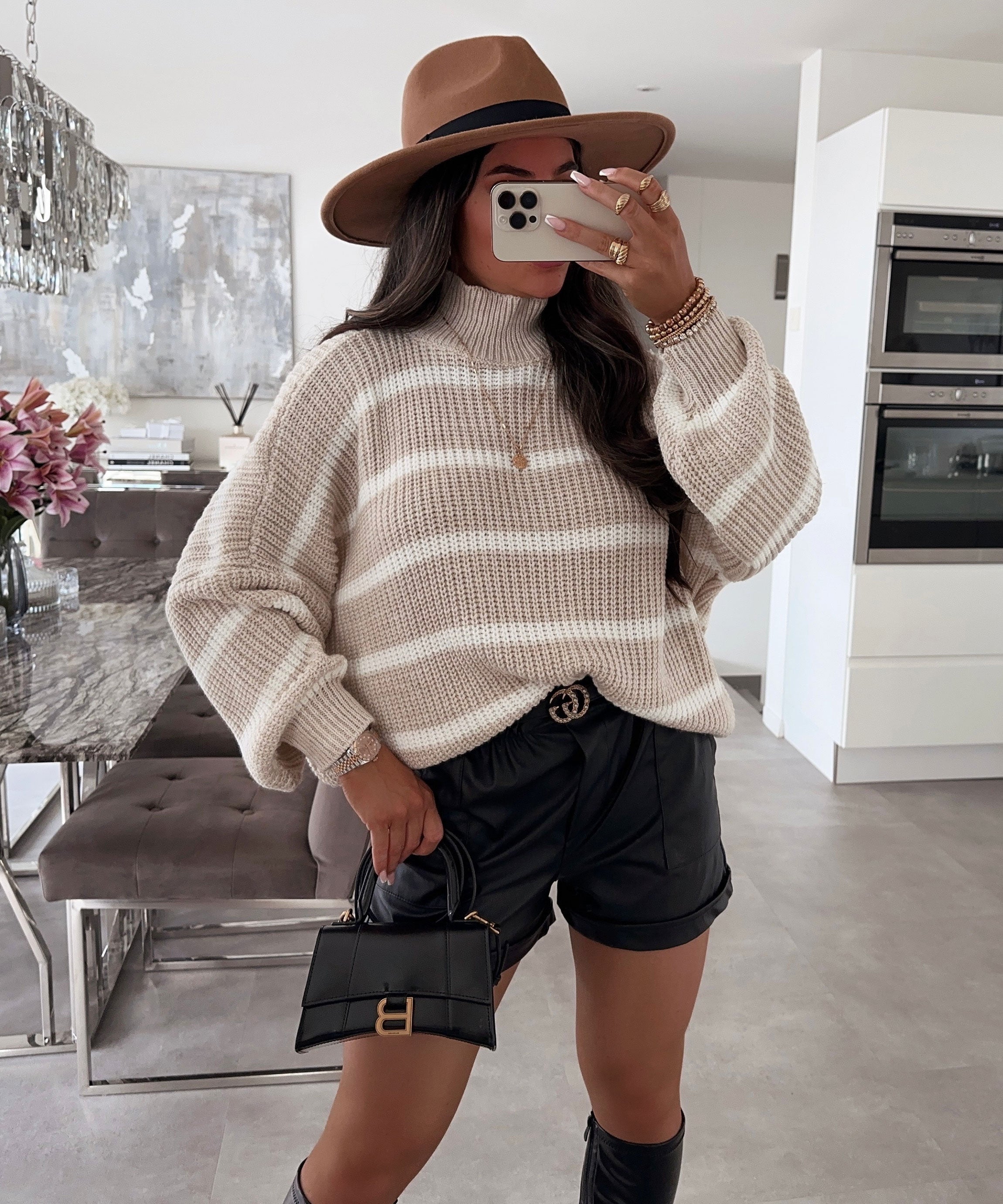 Women’s Striped Knit Sweater in White & Beige
