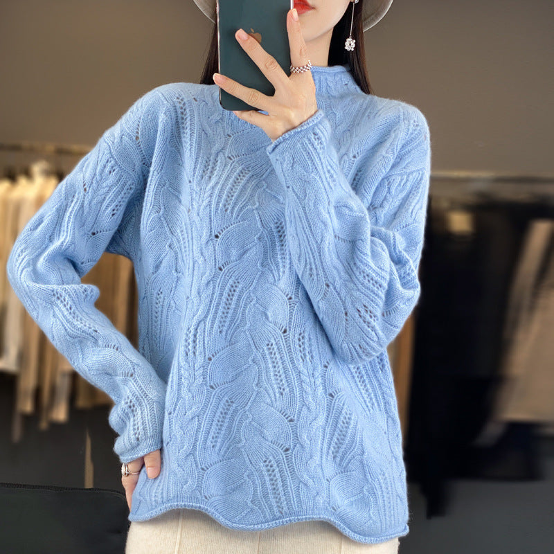 Women’s Sweater With Loose Fit And Open-Knit Mock Neck
