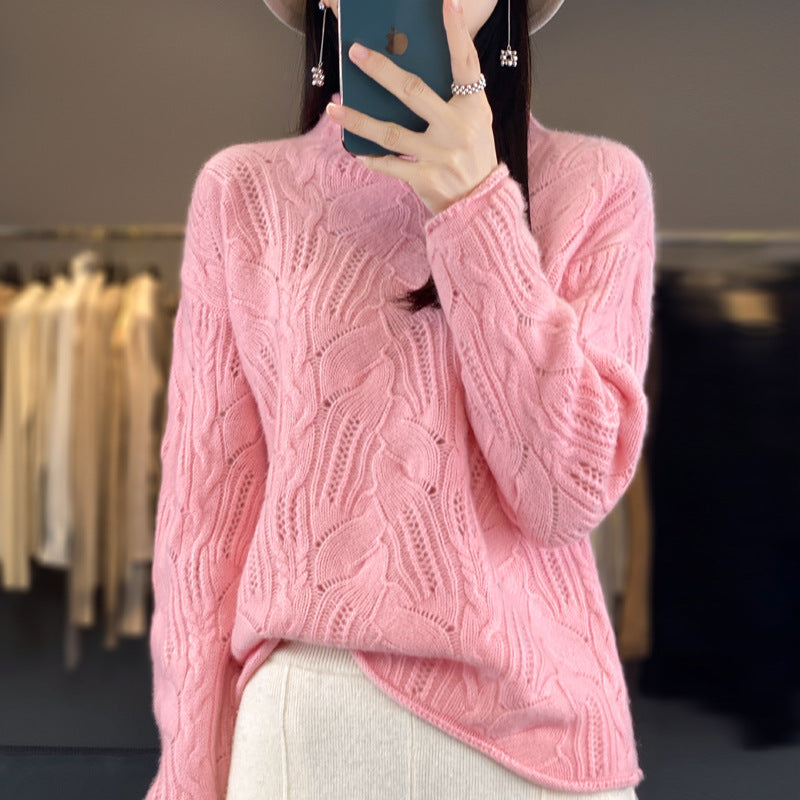 Women’s Sweater With Loose Fit And Open-Knit Mock Neck