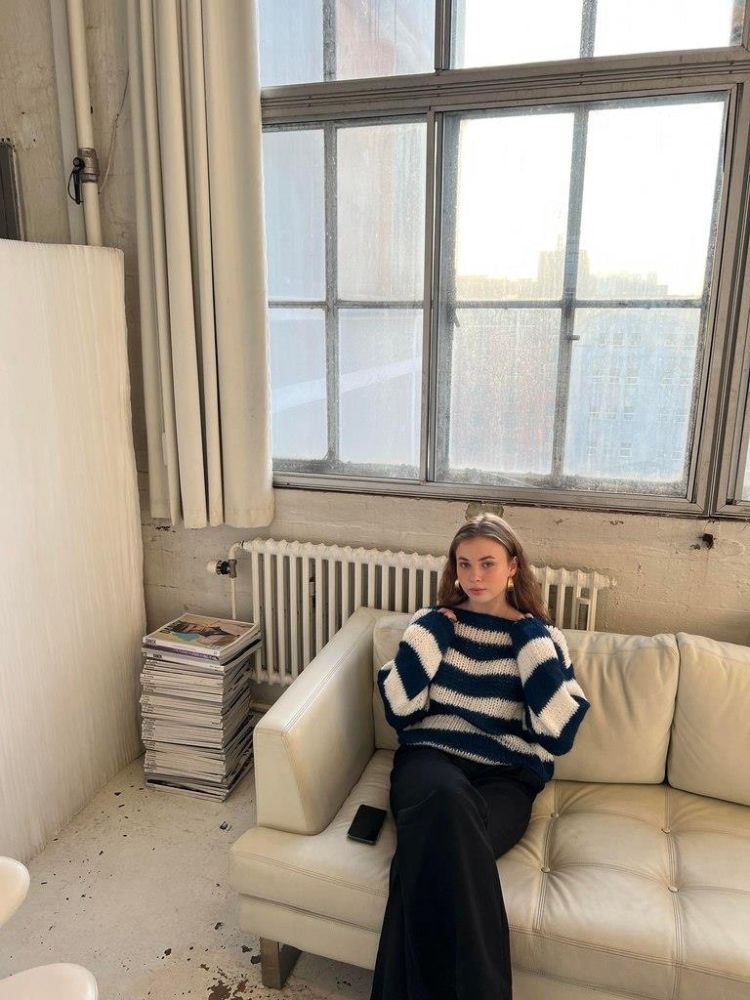 Women’s Sweater with Striped Knit Design and Round Neckline