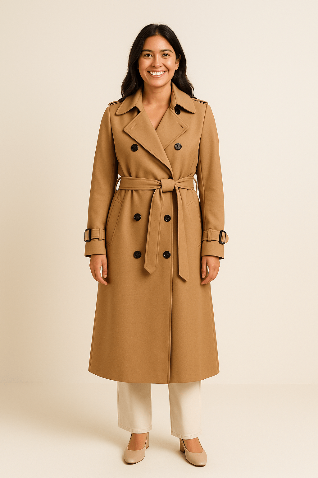 Women’s Double-Breasted Trench Coat with Belted Waist 0