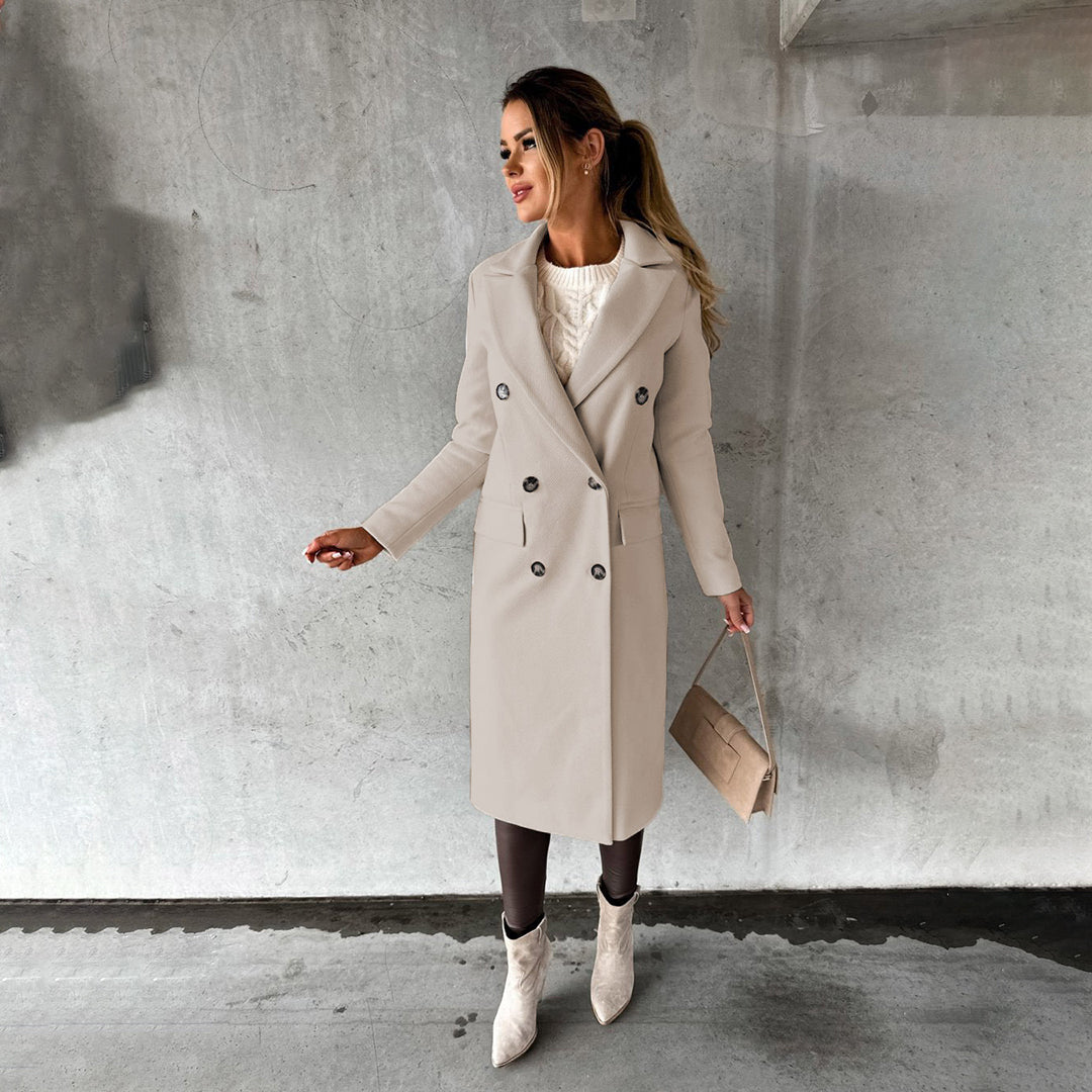 Women’s Two-Row Button Long Coat with Lapel Collar