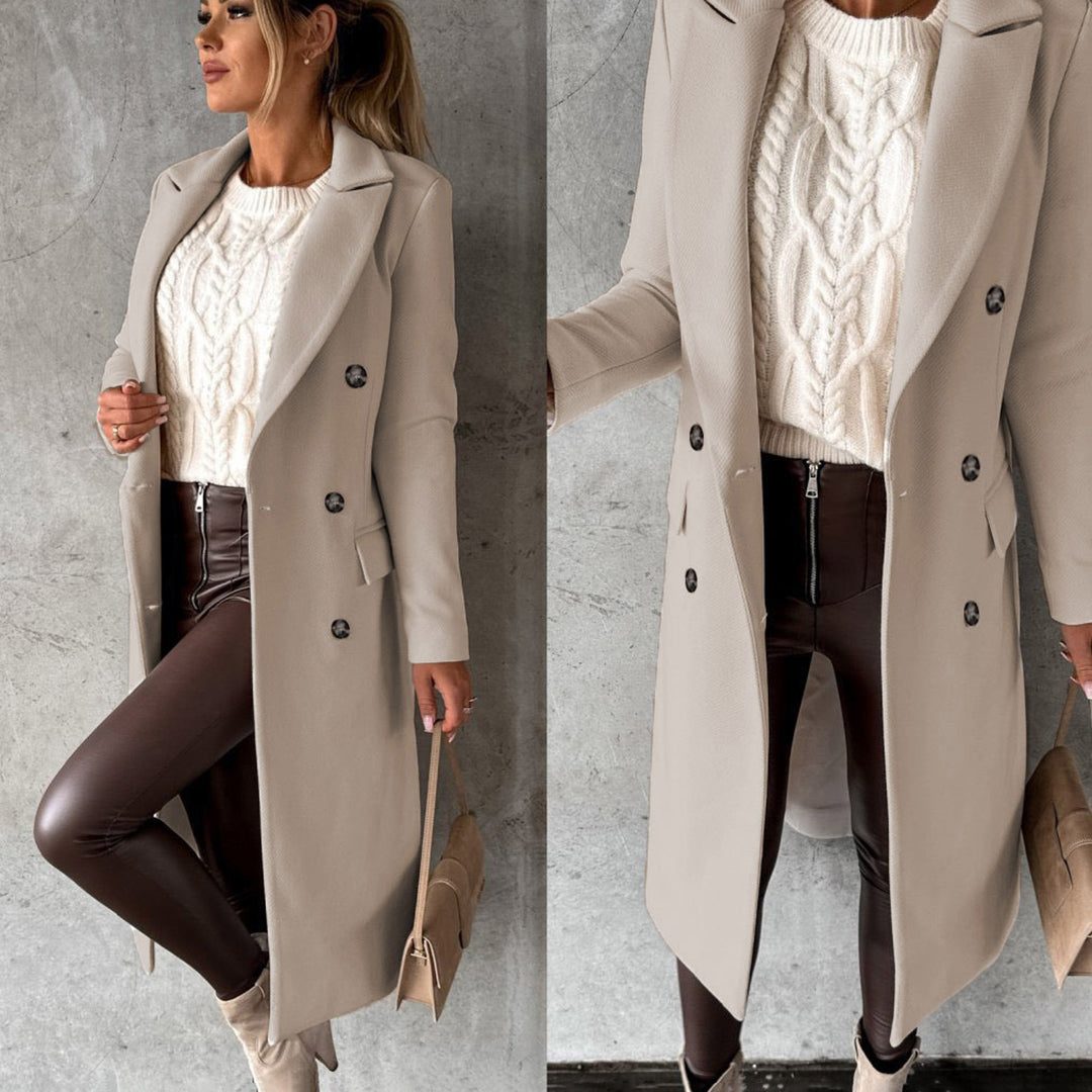 Women’s Two-Row Button Long Coat with Lapel Collar