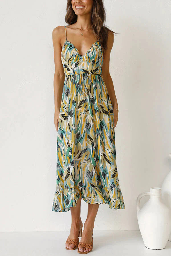Women’s V-Neck Midi Dress with Floral Print & Thin Straps