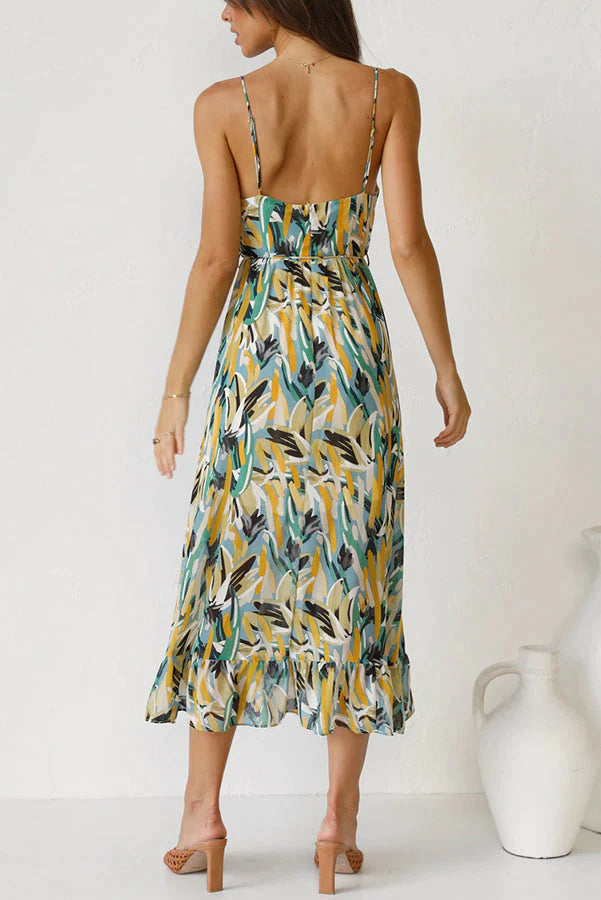 Women’s V-Neck Midi Dress with Floral Print & Thin Straps
