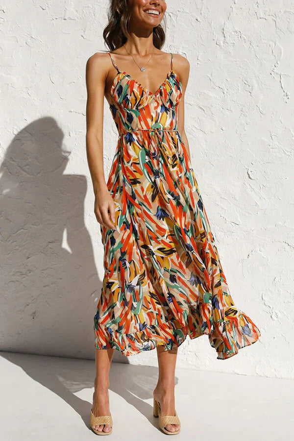 Women’s V-Neck Midi Dress with Floral Print & Thin Straps