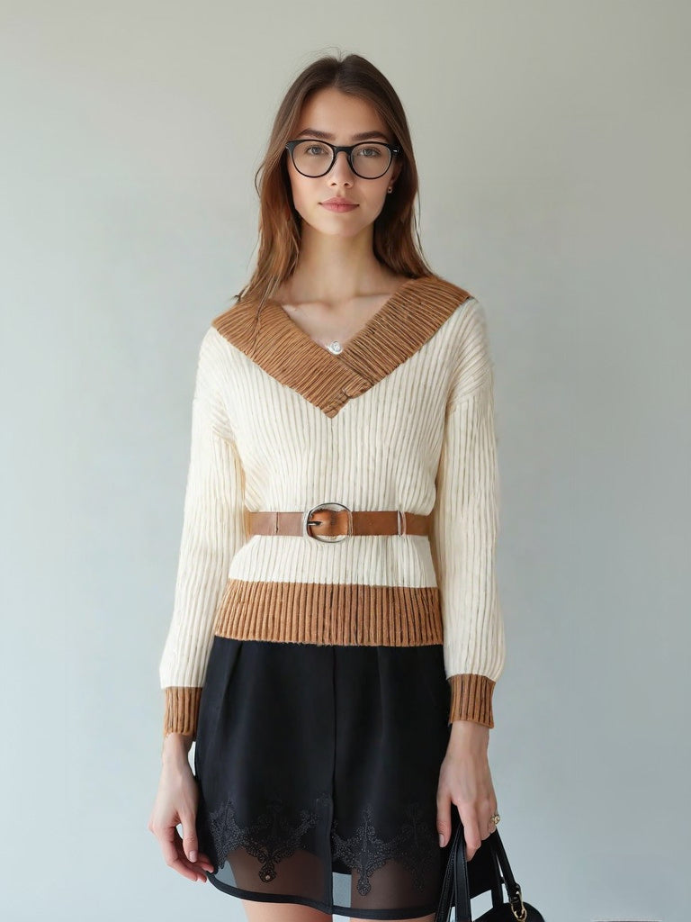 Elena - Elegant V-Neck Sweater with Fitted Waist