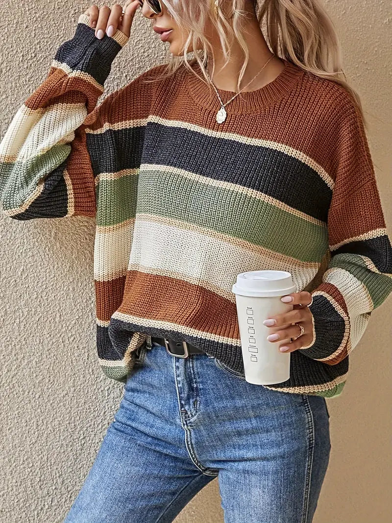 Camill - Women's knitted sweater with coffee stripes