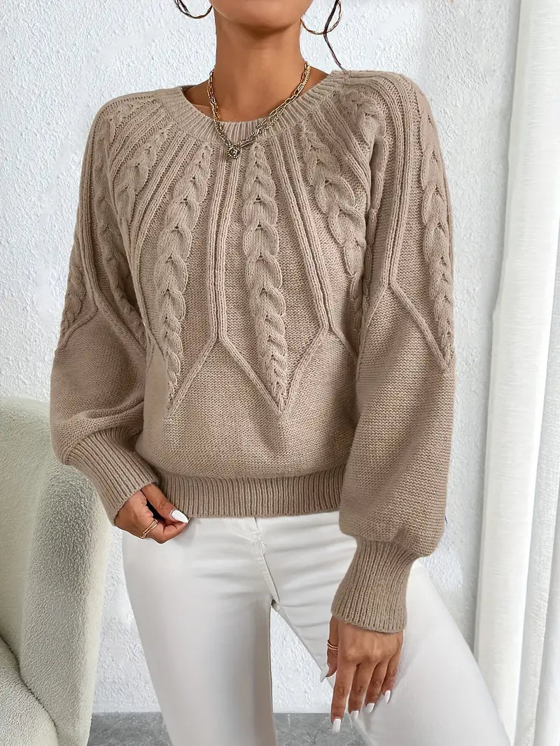 Natalya - Women's Braided Sweater with Puff Sleeves