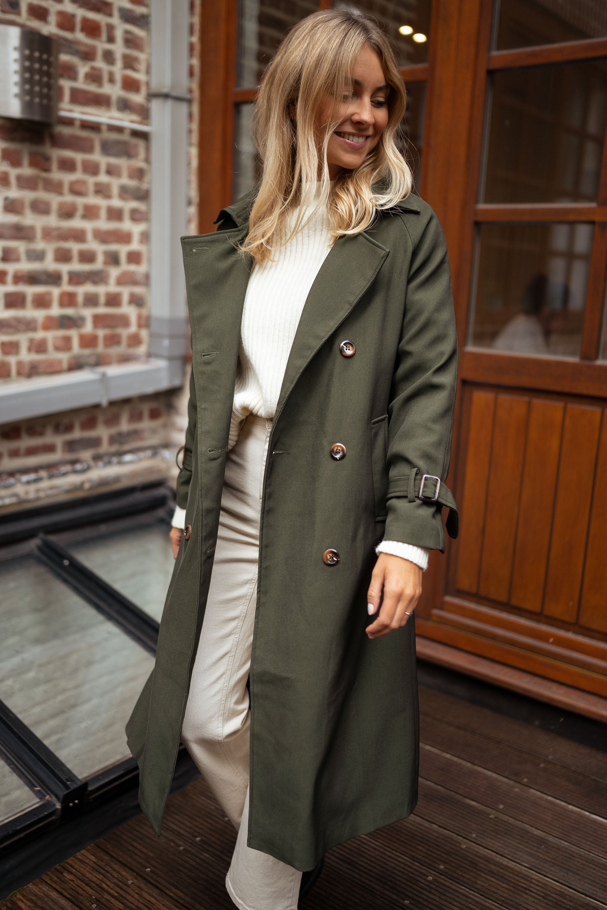Women’s Long Trench Coat with Belt and Lapel Collar